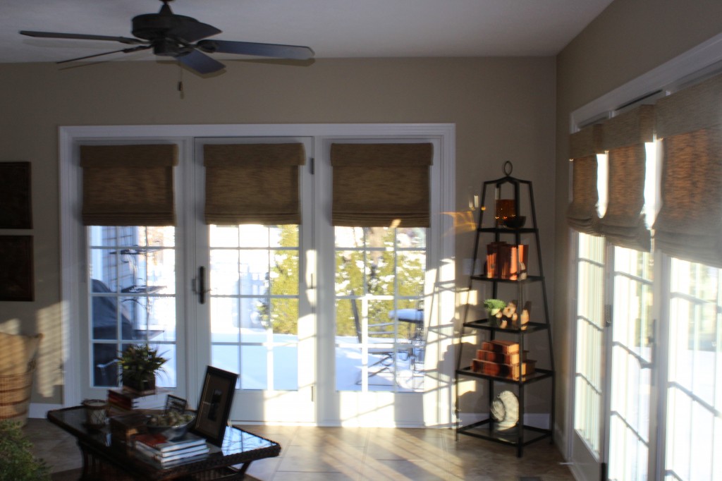 Stationary Drapery Panels & Roman Shades for French Doors Drapery Decor